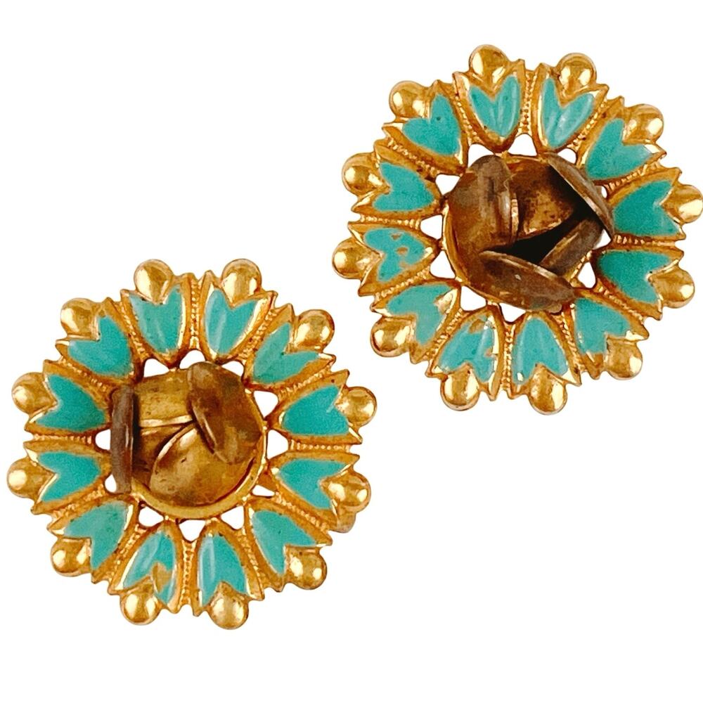 Vintage 1950s Earrings Aqua Enamel Rosebud Screw Back Mid Century Gold Tone